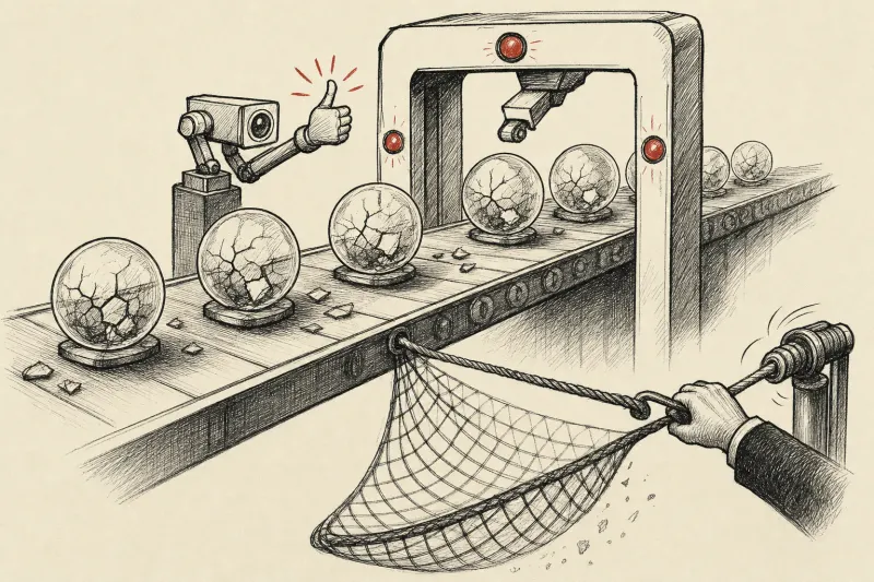 An automated gate admits cracked glass spheres as a safety net retracts, symbolizing AI deployment risks.