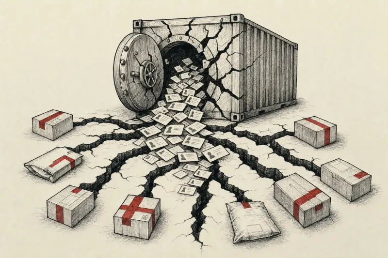 A cracked container vault spills identity cards through eight channels, symbolizing the cascading Ceva data breach.