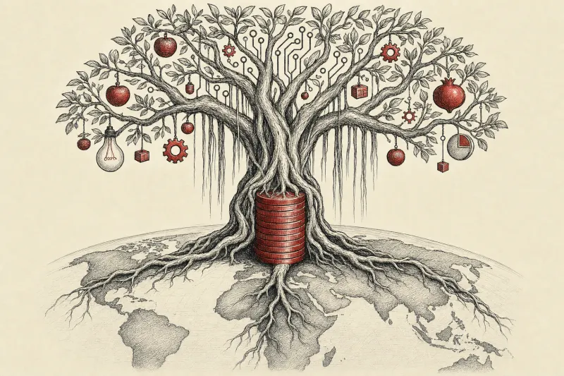 A coin rooted banyan tree branches into circuitry, symbolizing Accel's capital feeding India's technology sectors.