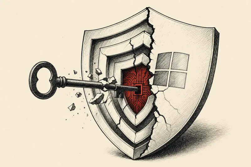 A shield cracks from within as a black key penetrates nested barriers, symbolizing the ShieldBreak Windows flaw.
