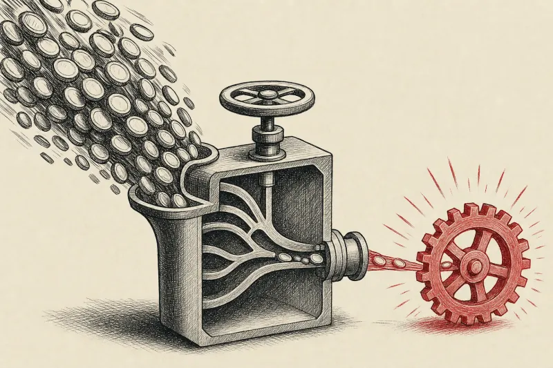 A branching valve turns a torrent of coins into a thin stream powering a gear, symbolizing controlled AI spending.