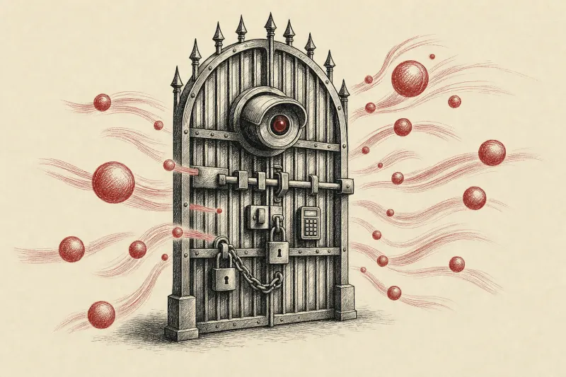 A locked, watched gate without walls lets glowing orbs pass around it, symbolizing AI controls without containment.