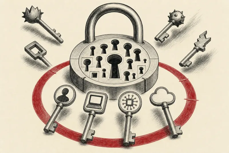 Conceptual illustration of one lock governing organized human, device and AI keys while rogue keys remain outside.