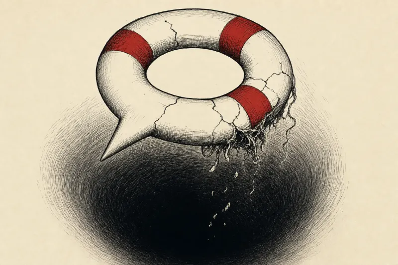 A cracked life preserver shaped like a speech bubble symbolizes unreliable chatbot support during mental health crises.