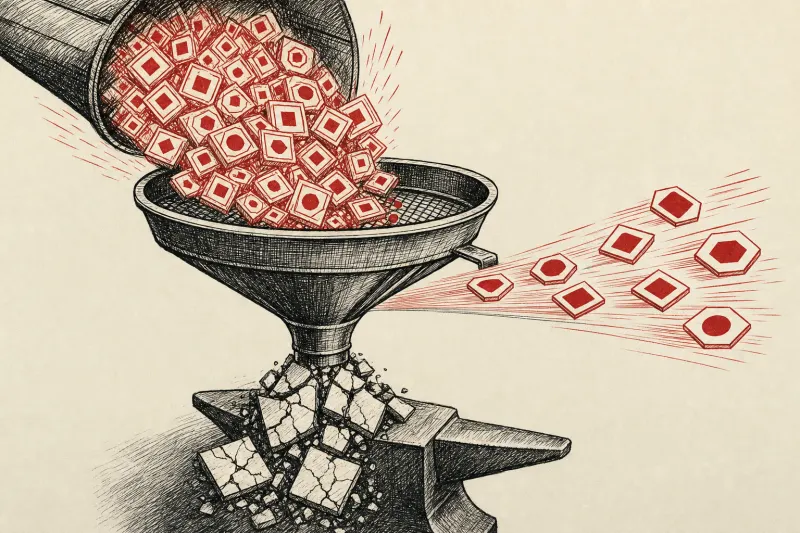 A flood of code tiles passes through a narrow sieve, symbolizing Blacksmith easing the software testing bottleneck.