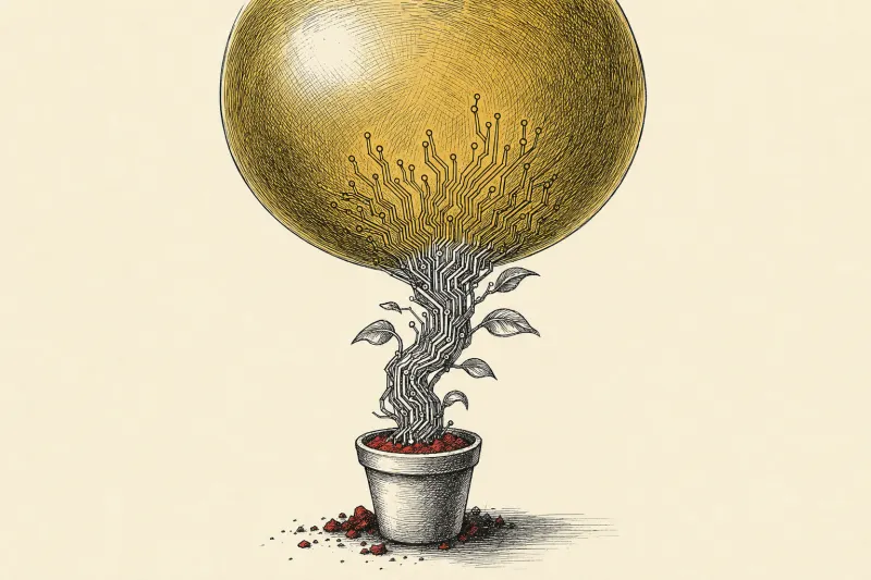 A circuit-patterned beanstalk inflates a golden bubble, symbolizing Cognition's rapid revenue and valuation growth.