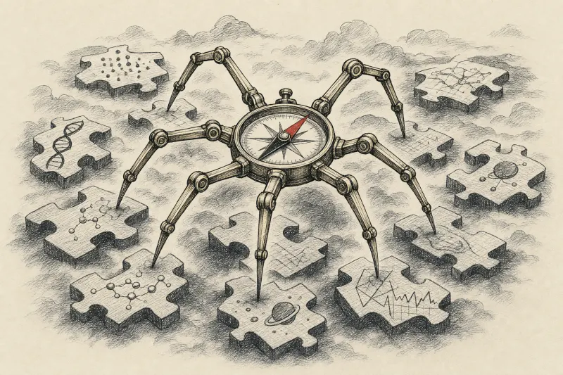 A many-armed compass navigates mismatched puzzle pieces, symbolizing AI agents reasoning across incomplete scientific data.