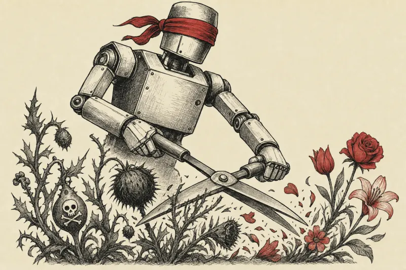 A blindfolded mechanical gardener cuts both weeds and valuable flowers, symbolizing indiscriminate AI moderation.