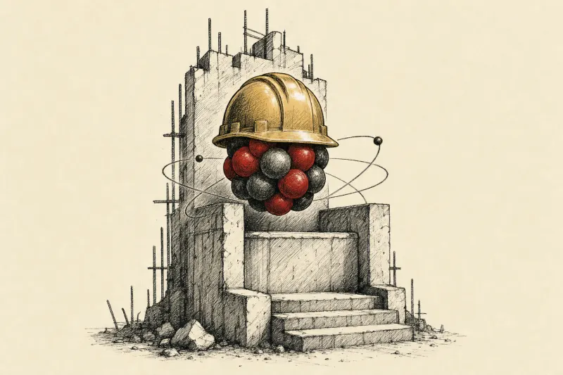 An atomic hard hat settles onto an unfinished throne, symbolizing new leadership for Fermi's nuclear AI project.