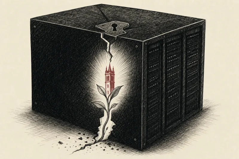 A luminous ivory tower seedling breaks through a sealed black cube, symbolizing academic AI challenging closed corporate models.