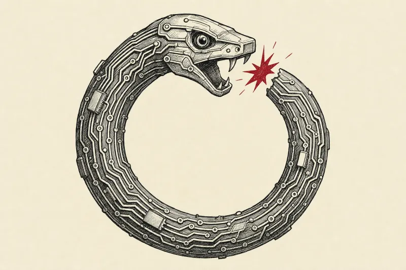 A circuit ouroboros cannot close its loop, symbolizing AI’s missing creativity for self-improvement.