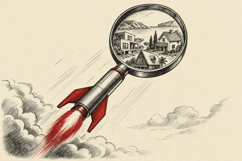 A rocket shaped magnifying glass carries vacation homes, symbolizing Airbnb's AI accelerated search and development.