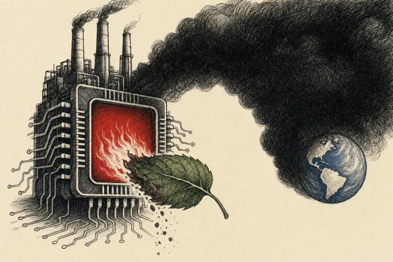A furnace shaped like an AI chip burns a leaf and casts a pollution cloud over Earth.