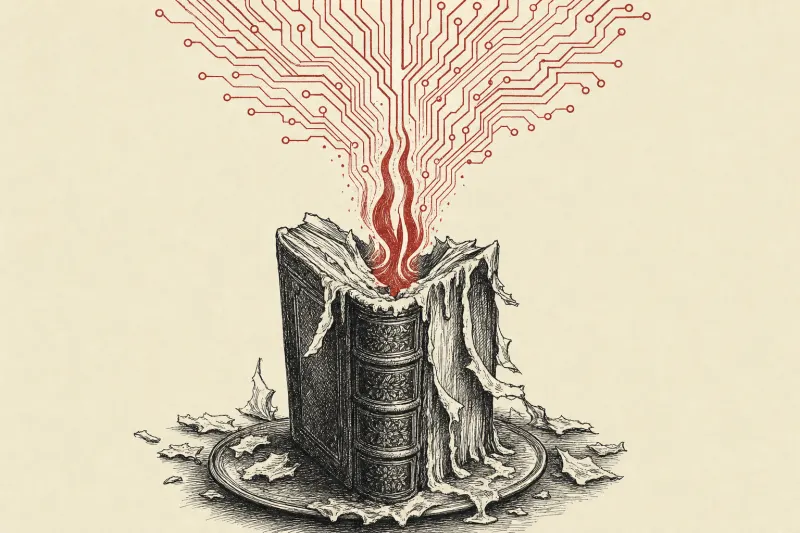 An antique book melts into a neural web, symbolizing rare texts sacrificed for Amazon’s AI training.