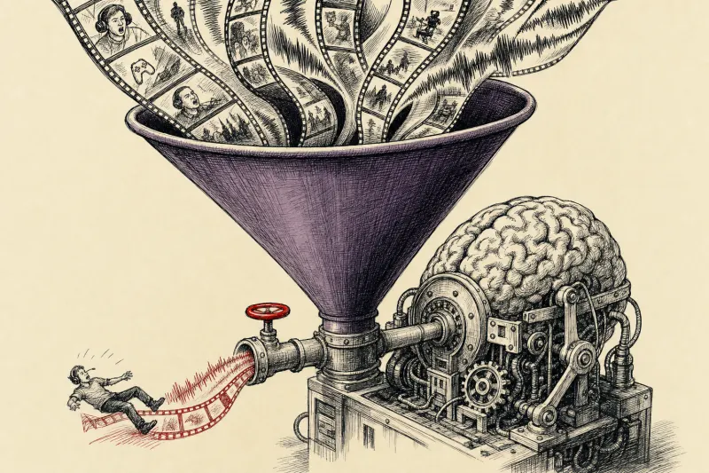 A giant funnel feeds film and sound into a mechanical brain while a tiny valve represents Twitch’s AI opt-out.