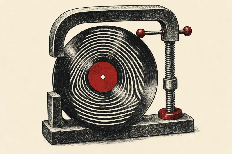 A vinyl record shaped like a fingerprint compressed by a legal clamp.