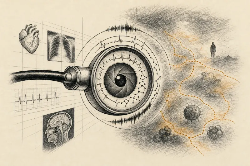 A stethoscope chestpiece becomes a camera iris, symbolizing AMIE’s video-based medical reasoning.