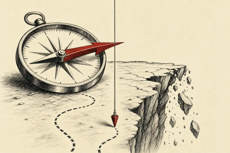 A compass points toward a cliff while a plumb line marks safety, symbolizing confident AI errors exposed by ground truth.