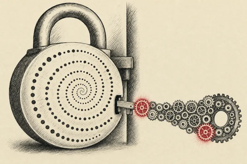 A gear built key turns partway in a closed ancient lock, symbolizing Anthropic AI's partial mathematical advance.