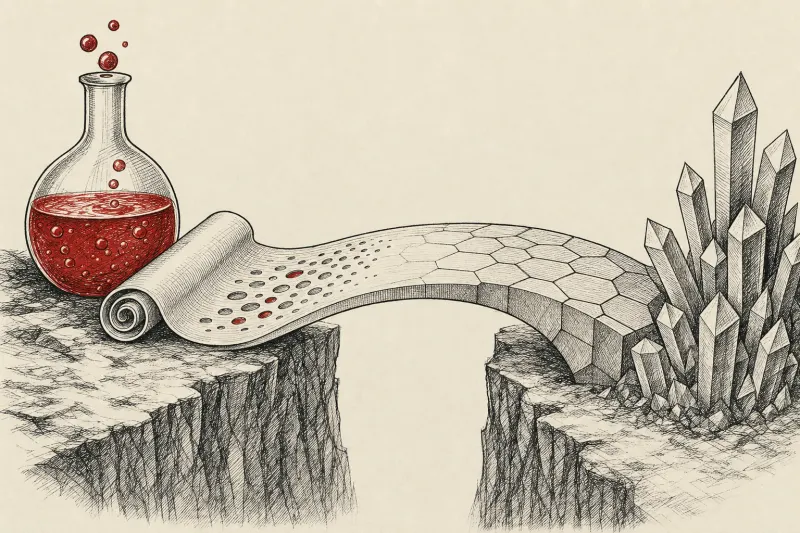A flexible battery hardens into a bridge across a manufacturing chasm, linking liquid cells to solid-state scale.