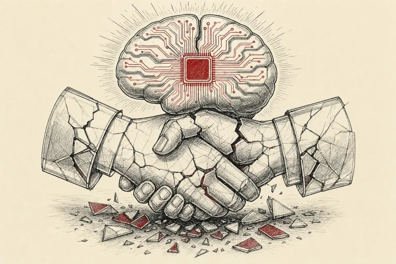 A glowing silicon brain balances on a cracked glass handshake, symbolizing AI resting on fragile public trust.