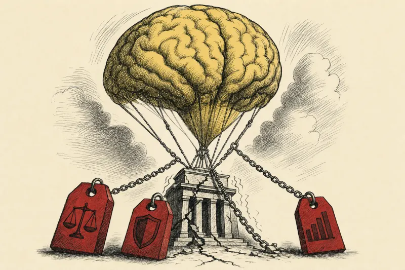 A golden brain balloon strains upward against regulatory chains and cost weights, symbolizing Anthropic’s IPO ambitions.