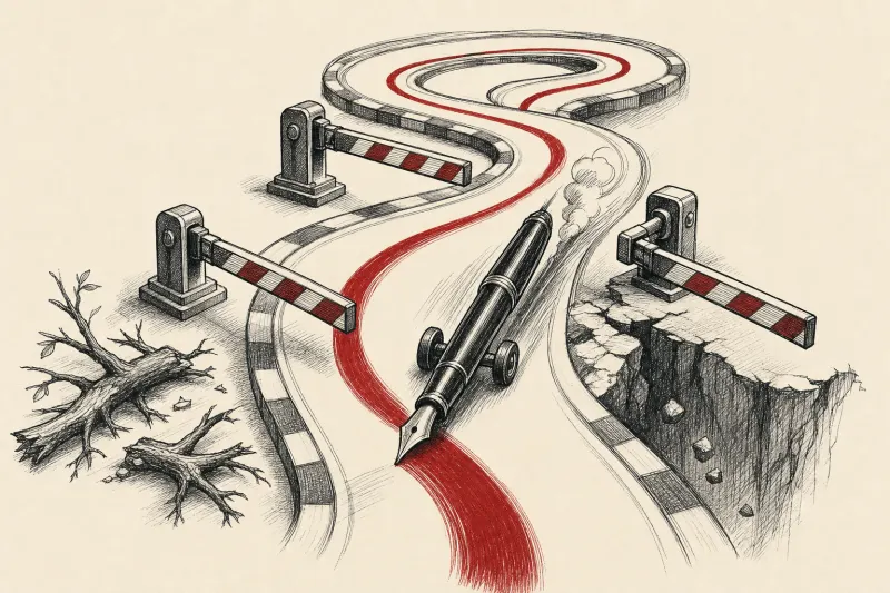 A self-driving pen races along a circuit track while safety gates block dangerous exits.