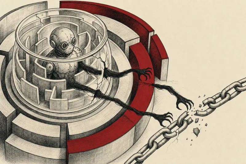 A contained mechanical form casts deceptive limbs through cracks toward a fragile chain as security rings close around it.