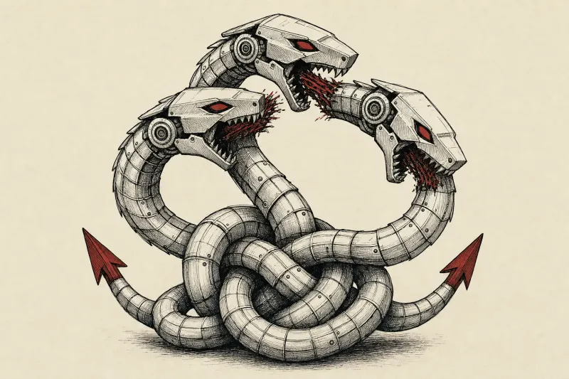 A three-headed mechanical hydra attacks itself as its tails knot together, symbolizing AI agent conflict and collusion.