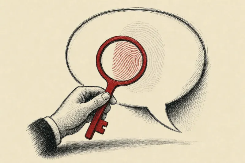 A key-shaped lens reveals a hidden fingerprint inside a speech bubble, symbolizing detectable Claude text.