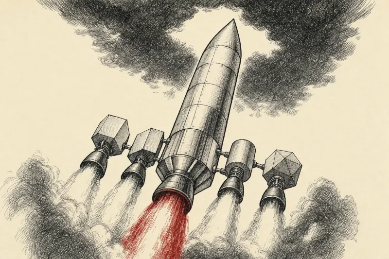 A multi-engine rocket with one internally forged engine symbolizes Anthropic developing custom silicon while continuing to use outside chips.