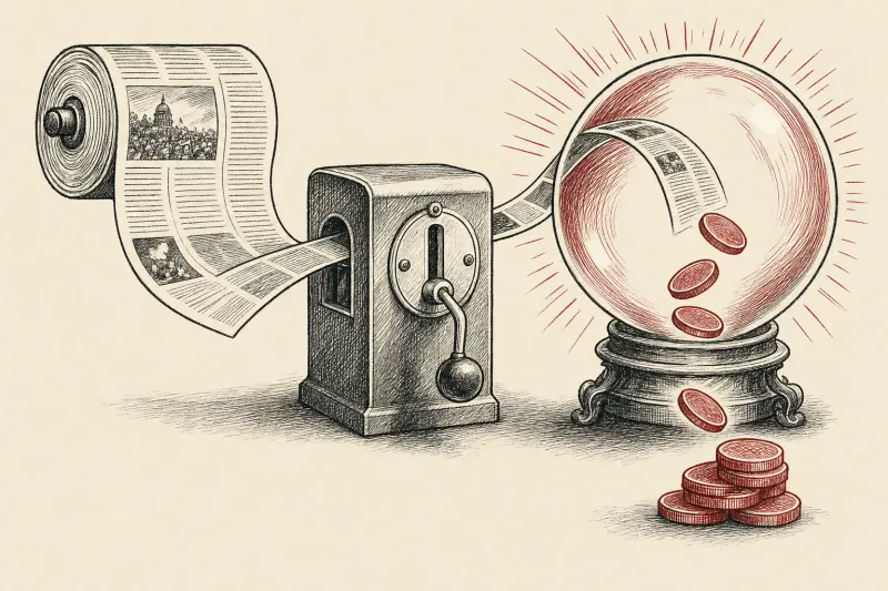 A newspaper ribbon enters a crystal oracle through a coin meter, symbolizing paid news powering Siri AI.