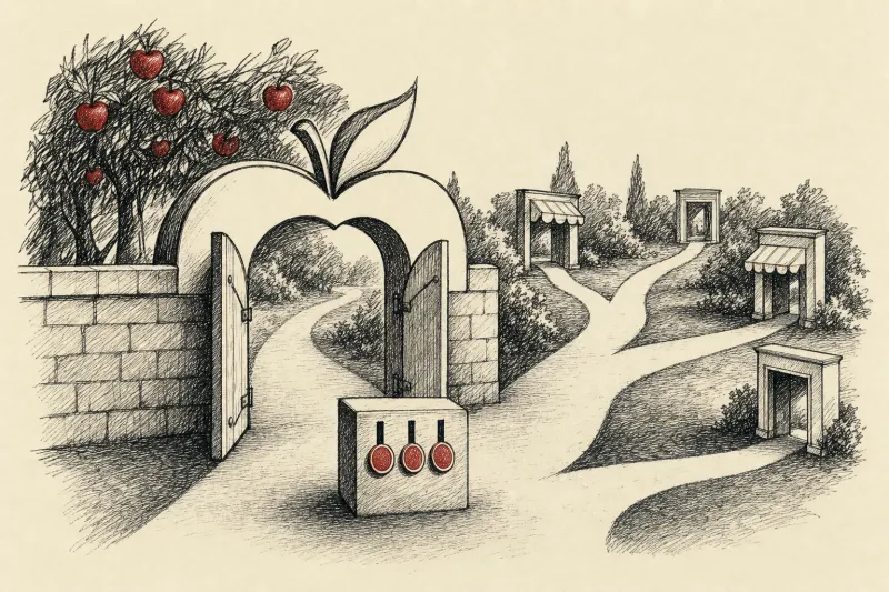 A walled garden opens into several paths, each passing through a toll gate for Apple’s revised EU fees.