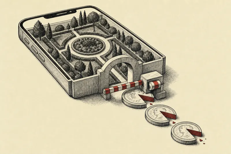 A smartphone shaped walled garden funnels coins through a toll gate, symbolizing Apple's proposed external purchase fees.