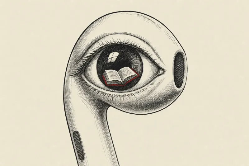 A white earbud becomes an eye reflecting a book, symbolizing AirPods that give Siri visual awareness.