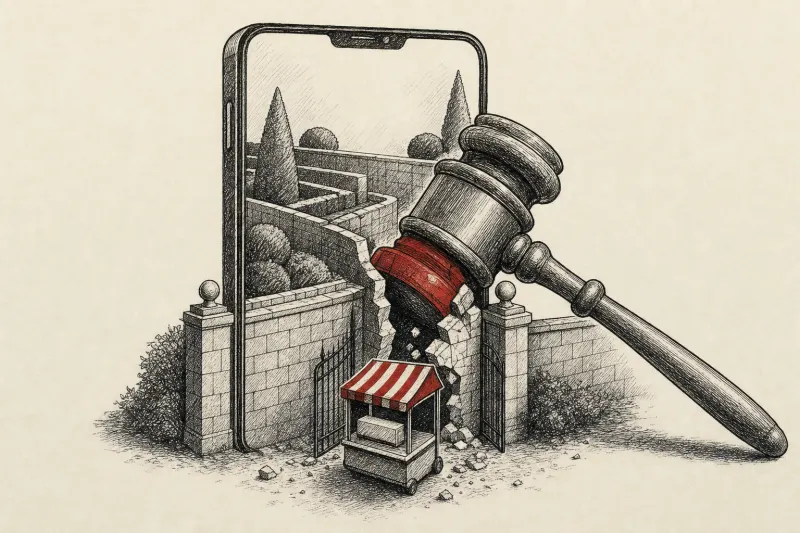 A court gavel wedges open a smartphone shaped walled garden, allowing an independent app market through.