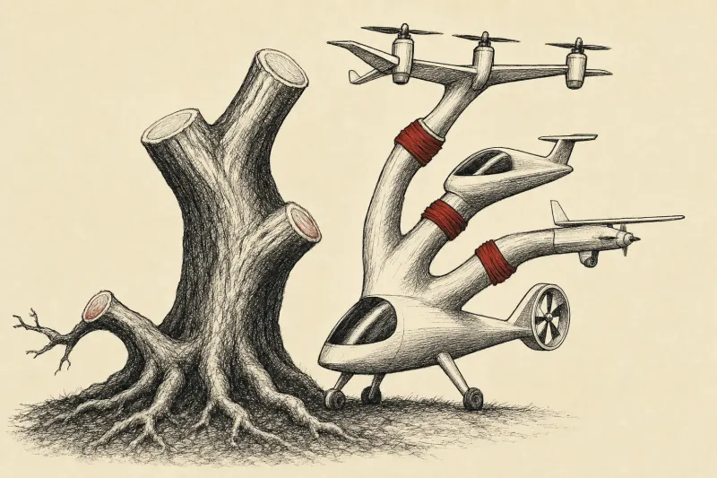 Three aviation-shaped branches graft onto a young tree, symbolizing Archer’s purchase of Boeing subsidiaries.