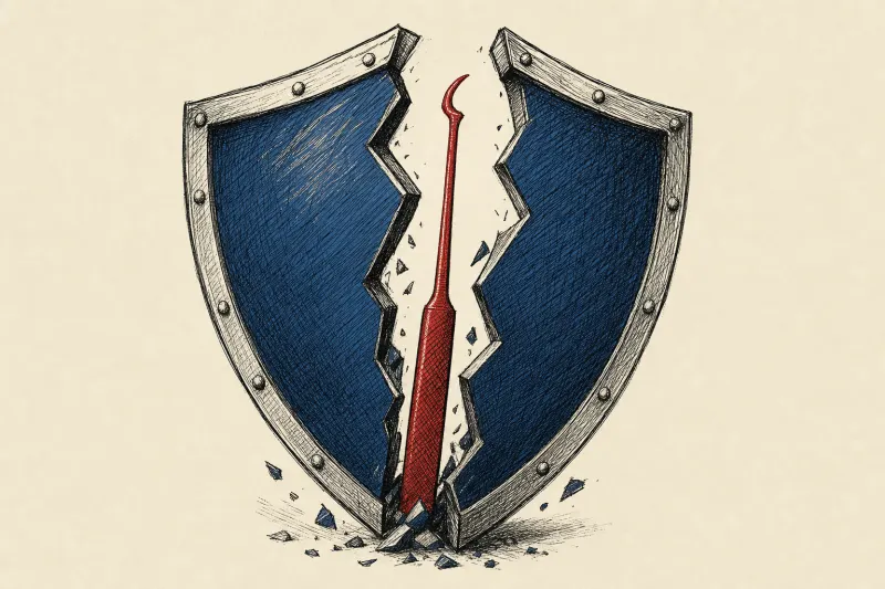 A blue shield opens to reveal a red lockpick, symbolizing Daybreak’s defensive and higher-risk cyber capabilities.