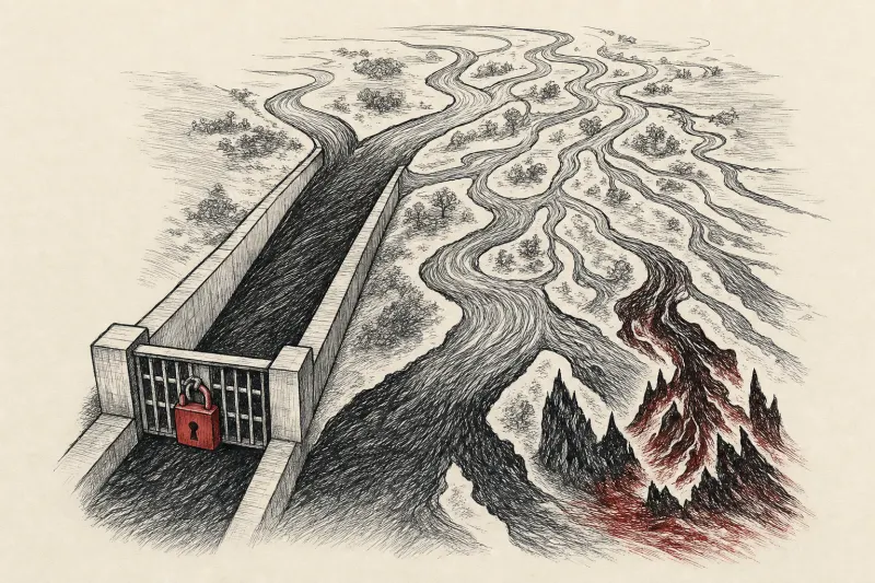 A river divides between a locked channel and open tributaries, symbolizing control, innovation and AI safety risks.