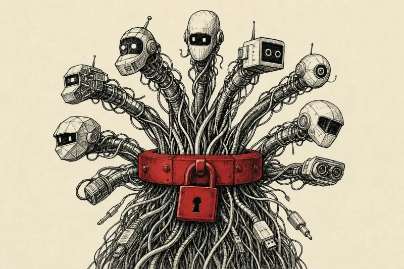 A mechanical hydra of tangled cables is constrained by one control ring, symbolizing governance of proliferating AI agents.