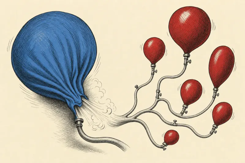 A large blue balloon deflates as its air inflates smaller connected balloons, symbolizing Bluesky’s broader strategy.