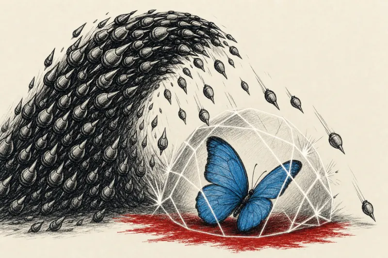 A blue butterfly faces a wave of black droplets as a protective shell forms, symbolizing Bluesky's DDoS defenses.