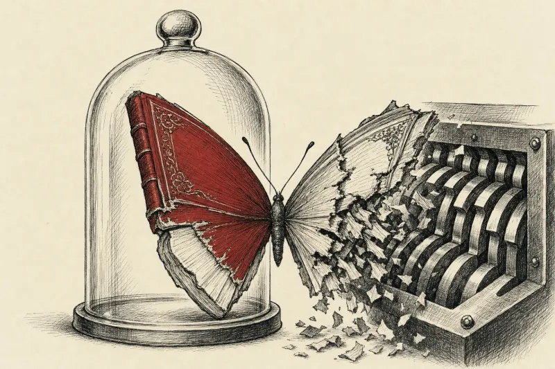 A book shaped butterfly is pulled between shredder teeth and a glass shelter, symbolizing competing AI scanning methods.