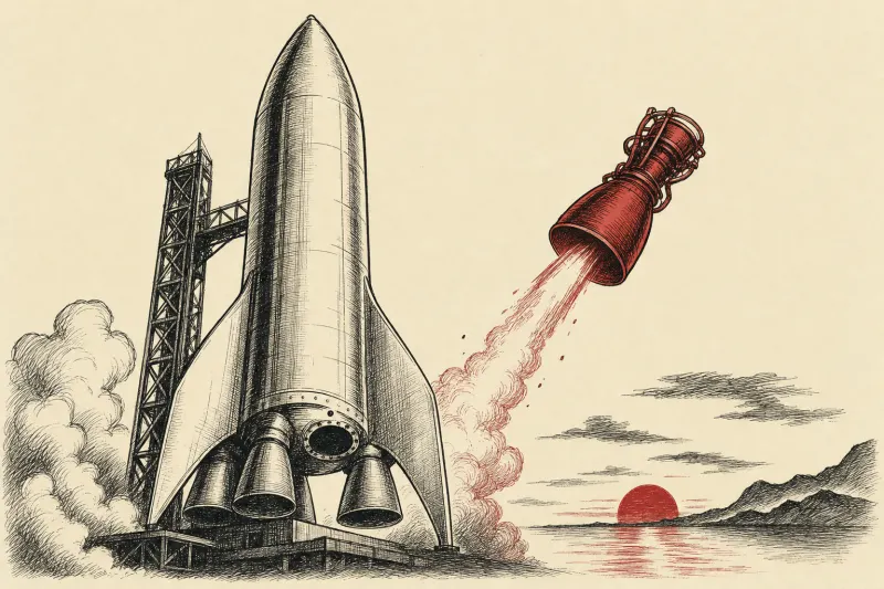 A golden engine separates from a launch-bound rocket, symbolizing Lightcap leaving OpenAI before its planned IPO.