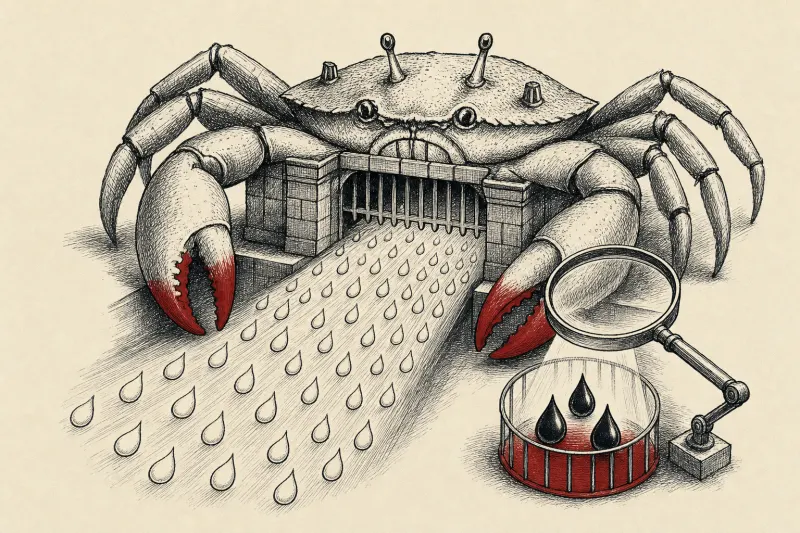 A crab-shaped gate lets most data pass while inspecting risky droplets, symbolizing CrabTrap’s network controls.