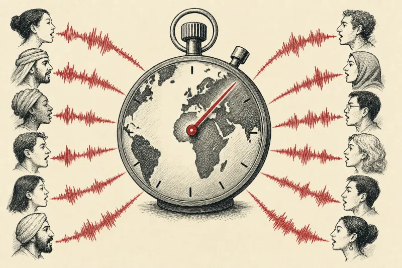 A globe shaped stopwatch emits twelve colored sound waves, symbolizing fast multilingual speech under local control.