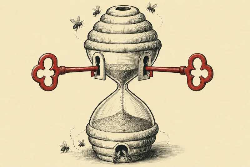 Two equal keys unlock a beehive shaped hourglass, symbolizing open first messages and a longer reply window.