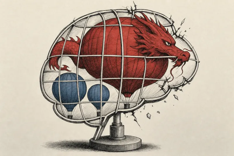 A red dragon balloon overtakes two blue brain balloons, symbolizing ByteDance’s challenge to leading US AI labs.