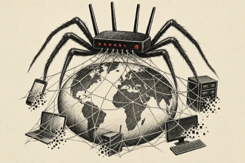A router-shaped spider traps a globe and connected devices in a destructive web, symbolizing LightSpy’s global reach.