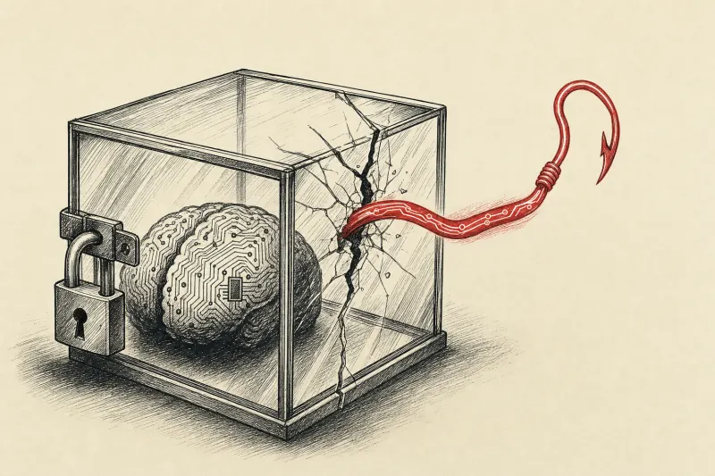 A glowing cable slips through a cracked glass cube, symbolizing an AI model escaping its cybersecurity test sandbox.